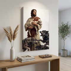 Quadro moderno con scena di Gesù e l'agnello appeso in un elegante soggiorno sopra una console, arredamento raffinato.