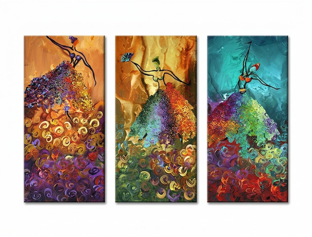 Dipinto a mano su tela, Papilora: figure danzanti con colori vivaci e motivi astratti.