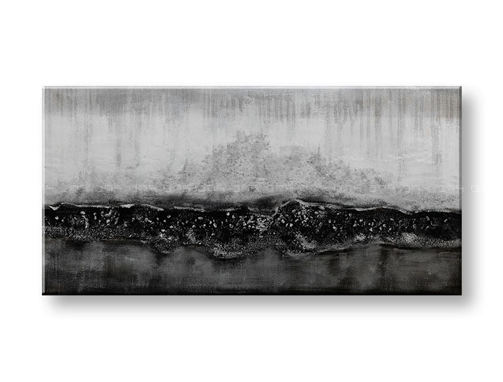 Quadro dipinto a mano su tela con motivo a linee orizzontali astratte nei toni del bianco e nero – visualizzazione 3D della tela con telaio in legno visibile, Papilora.