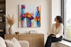 Quadro dipinto per parete ASTRATTO 60x60 cm – quadro dipinto a mano in un interno elegante (Lettura alla finestra) | mockup da parete | tela premium | Papilora.sk