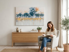 Quadro dipinto per parete ASTRATTO 90x60 cm – quadro dipinto a mano in un interno elegante (Mid-century warm) | wall mockup | tela premium | Papilora.sk