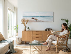 Quadro dipinto per parete SPIAGGIA 120x40 cm – quadro dipinto a mano in un interno elegante (Mid-century warm) | wall mockup | tela premium | Papilora.sk