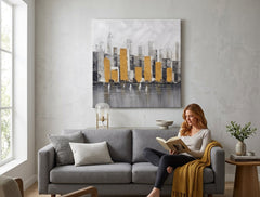 Quadro dipinto per parete CITTÀ 70x70 cm – quadro dipinto a mano in un interno elegante (Modern coastal) | wall mockup | tela premium | Papilora.sk