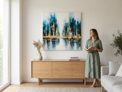 Quadro dipinto per parete CITTÀ 70x70 cm – quadro dipinto a mano in un interno elegante (Bohemian warm) | wall mockup | tela premium | Papilora.sk