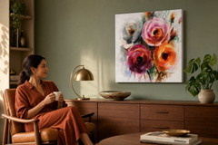 Quadro dipinto per parete FIORI 70x70 cm – quadro dipinto a mano in un interno elegante (Mid-century warm) | wall mockup | tela premium | Papilora.sk