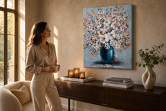 Quadro dipinto per parete FIORI 60x70 cm – quadro dipinto a mano in un interno elegante (Golden hour luxe) | wall mockup | tela premium | Papilora.sk