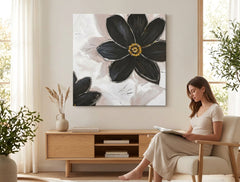 Quadro dipinto a mano per parete FIORI 70x70 cm – quadro dipinto a mano in un interno elegante (Lettura alla finestra) | mockup da parete | tela premium | Papilora.sk