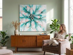 Quadro dipinto per parete FIORI 70x70 cm – quadro dipinto a mano in un interno elegante (Mid-century warm) | wall mockup | tela premium | Papilora.sk