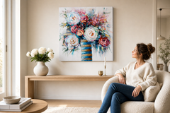 Quadro dipinto per parete FIORI 70x70 cm – quadro dipinto a mano in un interno elegante (Scandi cream) | wall mockup | tela premium | Papilora.sk