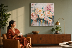 Quadro dipinto per parete FIORI 100x100 cm – quadro dipinto a mano in un interno elegante (Mid-century warm) | wall mockup | premium canvas | Papilora.sk