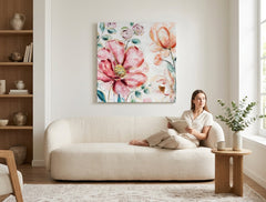 Quadro dipinto per parete FIORI 70x70 cm – quadro dipinto a mano in un interno elegante (Lettura alla finestra) | mockup da parete | tela premium | Papilora.sk