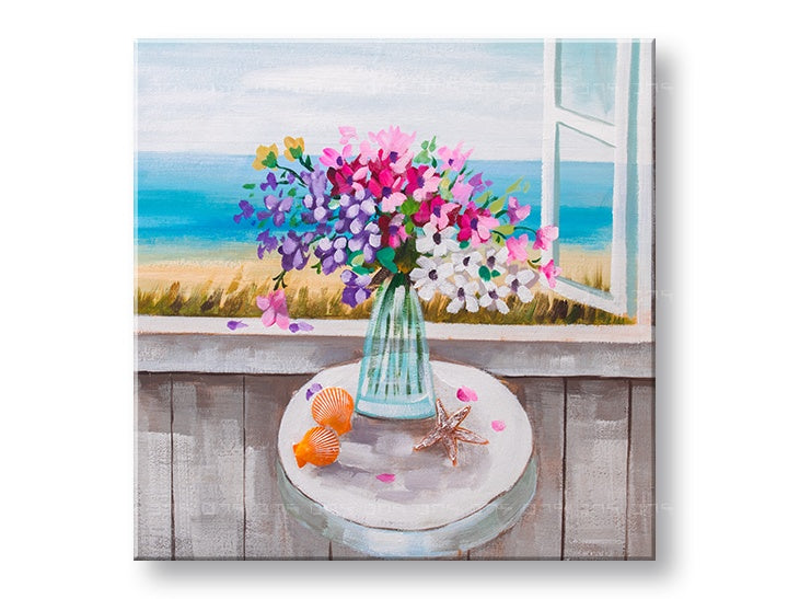 Quadro dipinto a mano su tela con motivo di natura morta floreale al mare in colori pastello – visualizzazione 3D della tela con telaio in legno visibile, Papilora.
