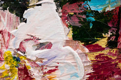 Dettaglio della pennellata sul quadro dipinto a mano con motivo vaso di fiori nei toni blu-rosa – vista ravvicinata degli strati di colore.