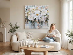 Quadro dipinto a mano per parete FIORI NEL VASO 70x70 cm – quadro dipinto a mano in un interno elegante (Modern coastal) | wall mockup | tela premium | Papilora.sk
