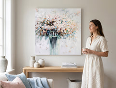 Quadro dipinto per parete FIORI IN UN VASO 70x70 cm – quadro dipinto a mano in un interno elegante (Golden hour luxe) | wall mockup | tela premium | Papilora.sk