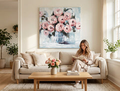 Quadro dipinto per parete FIORI NEL VASO 70x70 cm – quadro dipinto a mano in un interno elegante (Scandi cream) | wall mockup | tela premium | Papilora.sk
