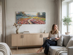 Quadro dipinto per parete PAESAGGIO 100x40 cm – quadro dipinto a mano in un interno elegante (Modern coastal) | wall mockup | premium canvas | Papilora.sk