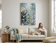 Quadro dipinto per parete FOGLIE 60x90 cm – quadro dipinto a mano in un interno elegante (Modern coastal) | wall mockup | tela premium | Papilora.sk