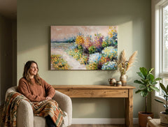 Quadro dipinto per parete PRATO 90x60 cm – quadro dipinto a mano in un interno elegante (Lettura alla finestra) | mockup da parete | tela premium | Papilora.sk