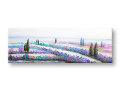 Quadro dipinto a mano su tela con motivo paesaggio con campi di lavanda in colori pastello – visualizzazione 3D della tela con telaio in legno visibile, Papilora.