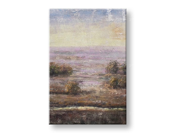 Quadro dipinto a mano su tela con motivo paesaggio tranquillo in delicate tonalità pastello – visualizzazione 3D della tela con telaio in legno visibile, Papilora.