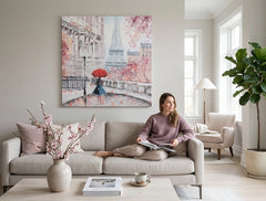 Quadro dipinto per parete PARIGI 70x70 cm – quadro dipinto a mano in un interno elegante (Mid-century warm) | wall mockup | tela premium | Papilora.sk
