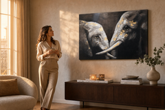 Quadro dipinto per parete ELEFANTI 120x80 cm – quadro dipinto a mano in un interno elegante (Golden hour luxe) | wall mockup | tela premium | Papilora.sk