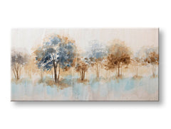 Quadro dipinto a mano su tela con motivo paesaggio di alberi nei colori blu e marrone – Visualizzazione 3D della tela con telaio in legno visibile, Papilora.