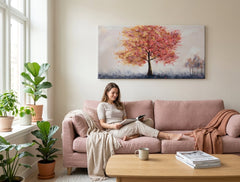 Quadro dipinto per parete ALBERI 100x50 cm – quadro dipinto a mano in un interno elegante (Lettura alla finestra) | mockup da parete | tela premium | Papilora.sk