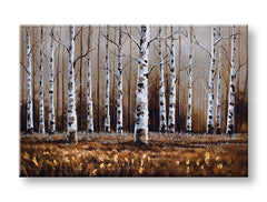 Quadro dipinto a mano su tela con motivo di betulle in una foresta marrone con tronchi bianchi – visualizzazione 3D della tela con telaio in legno visibile, Papilora.