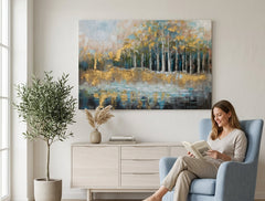 Quadro dipinto per parete ALBERI 90x60 cm – quadro dipinto a mano in un interno elegante (Modern coastal) | wall mockup | tela premium | Papilora.sk