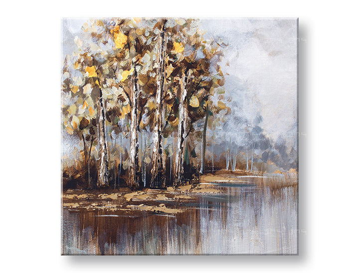 Quadro dipinto a mano su tela con motivo alberi al lago in tonalità marroni – visualizzazione 3D della tela con telaio in legno visibile, Papilora.