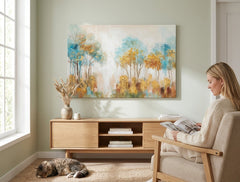 Quadro dipinto per parete ALBERI 90x60 cm – quadro dipinto a mano in un interno elegante (Mid-century warm) | wall mockup | tela premium | Papilora.sk