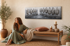 Quadro dipinto per parete ALBERI 150x50 cm – quadro dipinto a mano in un interno elegante (Bohemian warm) | wall mockup | tela premium | Papilora.sk