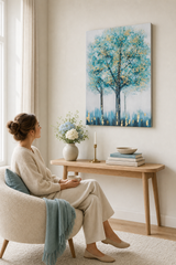 Quadro dipinto per parete ALBERI 80x120 cm – quadro dipinto a mano in un interno elegante (Scandi neutral) | wall mockup | tela premium | Papilora.sk