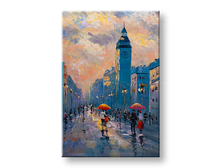 Quadro dipinto a mano su tela con motivo di strada urbana nei colori blu-arancio – visualizzazione 3D della tela con telaio in legno visibile, Papilora.