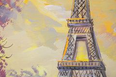 Macro dettaglio del quadro dipinto a mano con motivo torre Eiffel con cielo rosa-giallo – texture visibile delle pennellate acriliche e rilievo, Papilora.