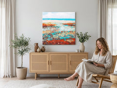 Quadro dipinto a mano con motivo paesaggio astratto nei colori turchese-rosso appeso in un moderno e stiloso interno sopra una consolle in legno con vaso e candela.
