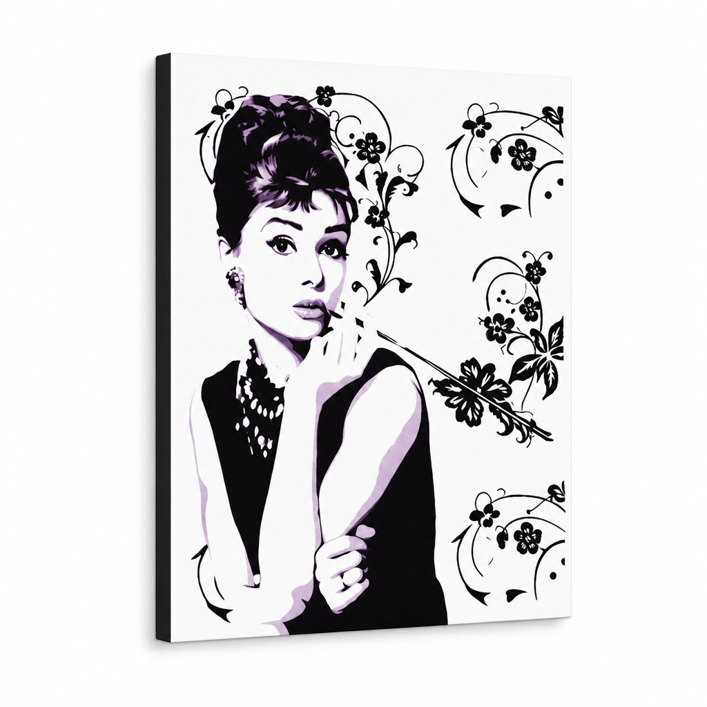 Quadro POP Art di Audrey Hepburn dipinto a mano ah5 – Visualizzazione 3D del quadro dipinto a mano su sfondo bianco. Colori dominanti: nero, bianco, viola.