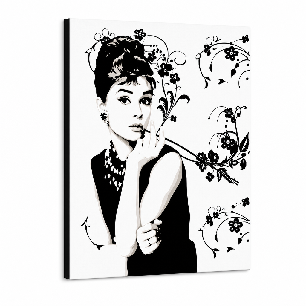 Quadro POP Art di Audrey Hepburn dipinto a mano ah6 – Visualizzazione 3D del quadro dipinto a mano su sfondo bianco. Colori dominanti: nero, grigio, rosa.