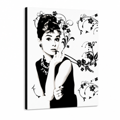 Quadro POP Art di Audrey Hepburn dipinto a mano ah6 – Visualizzazione 3D del quadro dipinto a mano su sfondo bianco. Colori dominanti: nero, grigio, rosa.