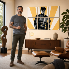 Quadro POP Art dipinto a mano 50 centesimi 6 pezzi 50 centesimi – quadro in un moderno interno maschile, visualizzazione lifestyle. Colori dominanti: giallo, nero, bianco, grigio.