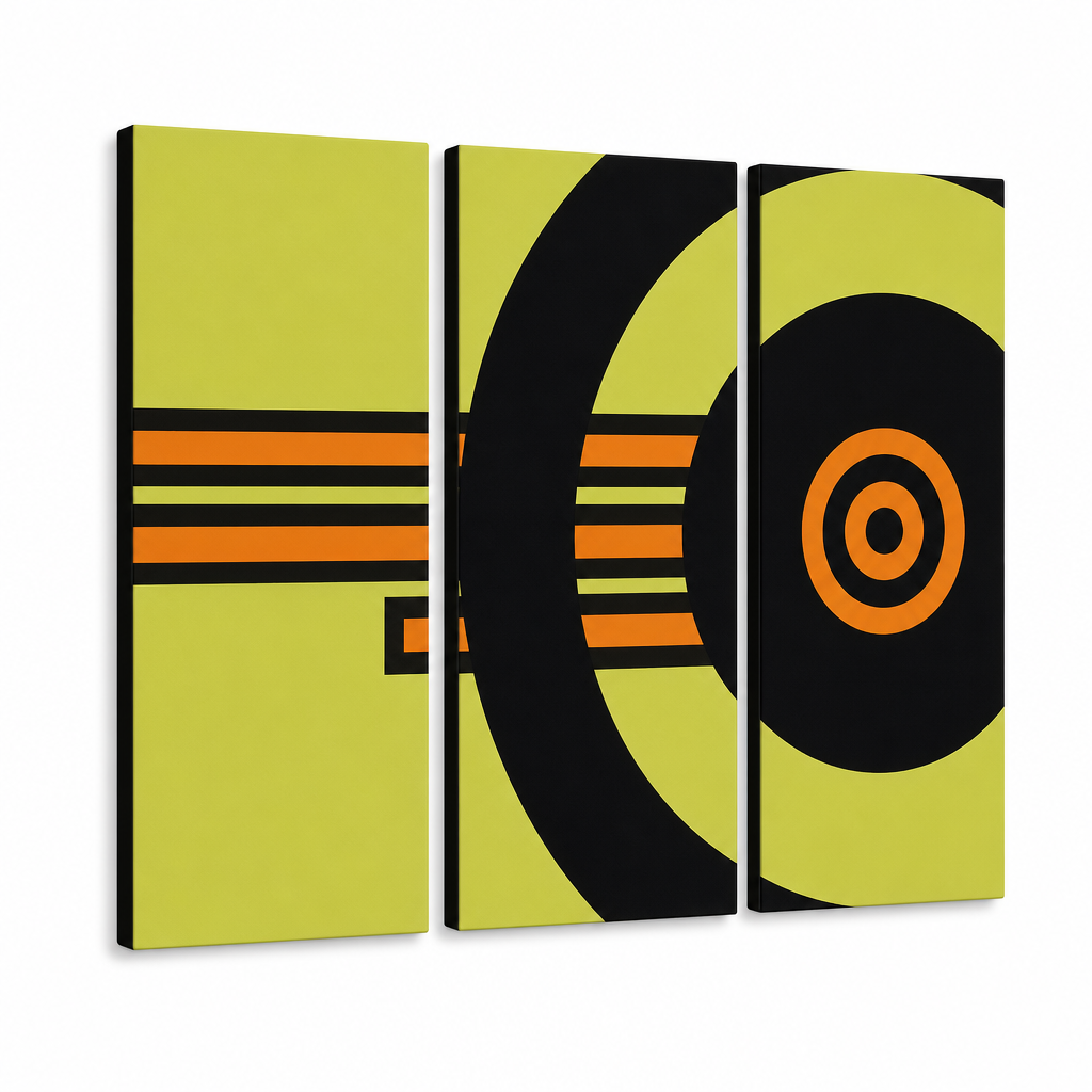 Quadro POP Art dipinto a mano ABSTRAKT 3 parti abstr1 – Visualizzazione 3D del quadro dipinto a mano su sfondo bianco. Colori dominanti: giallo, nero, arancione.