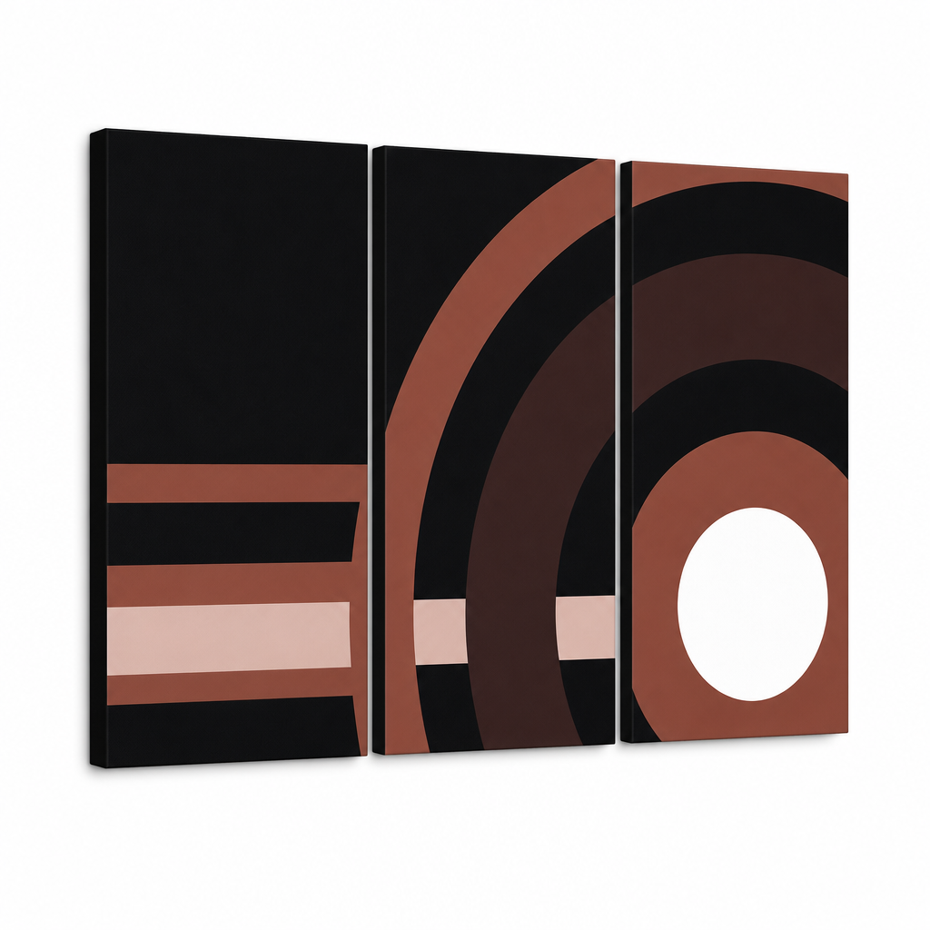 Quadro POP Art dipinto a mano ABSTRAKT 3 pezzi abstr2 – Visualizzazione 3D del quadro dipinto a mano su sfondo bianco. Colori dominanti: nero, marrone, rosa, beige.