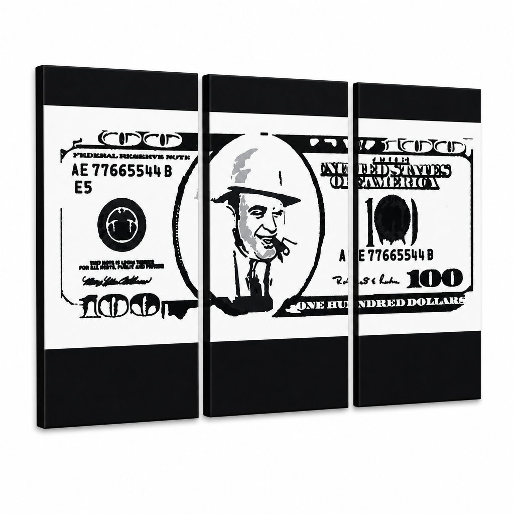 Quadro POP Art dipinto a mano AL CAPONE 3 pezzi ac – Visualizzazione 3D del quadro dipinto a mano su sfondo bianco. Colori dominanti: nero, bianco, grigio.