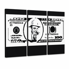 Quadro POP Art dipinto a mano AL CAPONE 3 pezzi ac – Visualizzazione 3D del quadro dipinto a mano su sfondo bianco. Colori dominanti: nero, bianco, grigio.