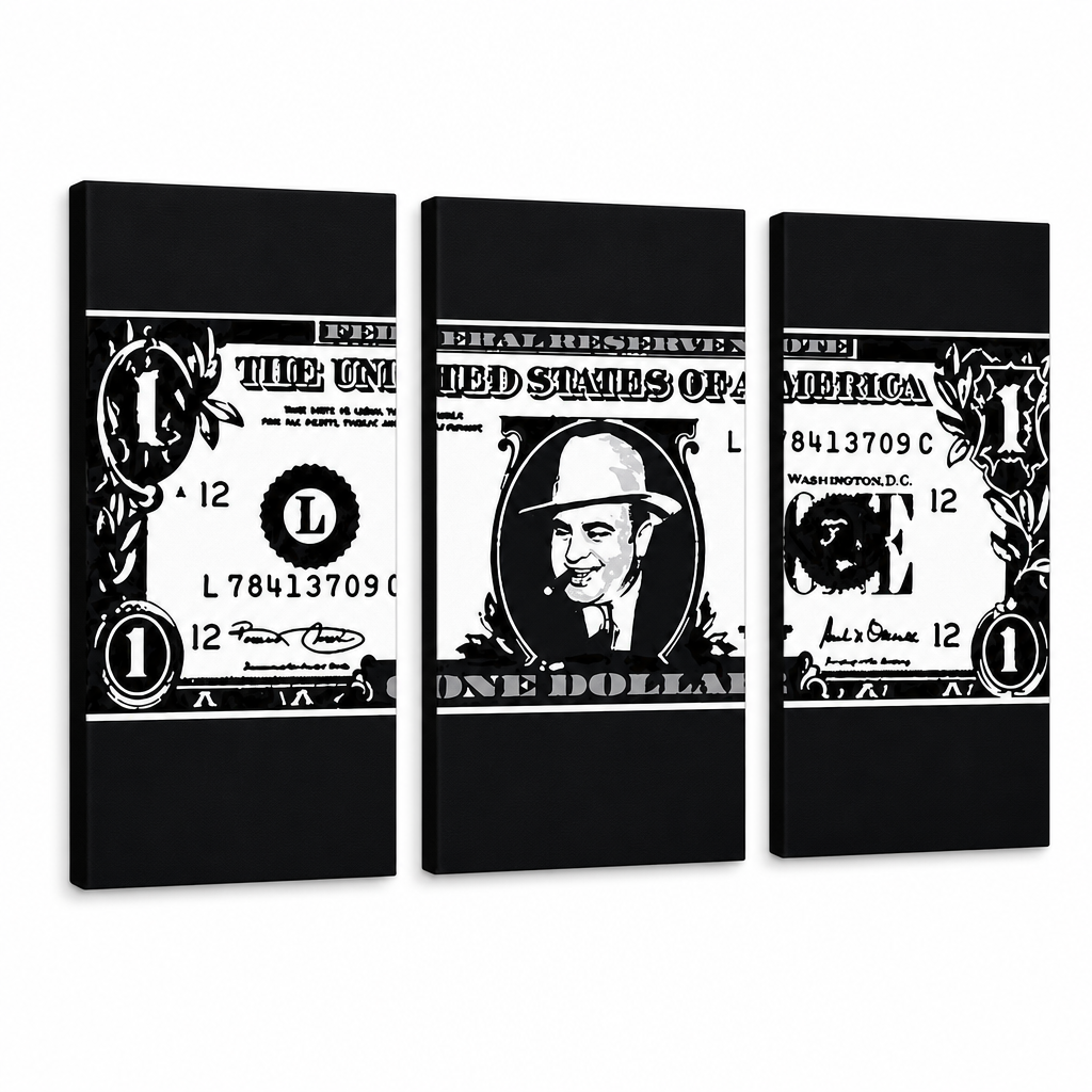 Quadro POP Art dipinto a mano AL CAPONE 3 pezzi ac2 – Visualizzazione 3D del quadro dipinto a mano su sfondo bianco. Colori dominanti: nero, bianco, grigio.