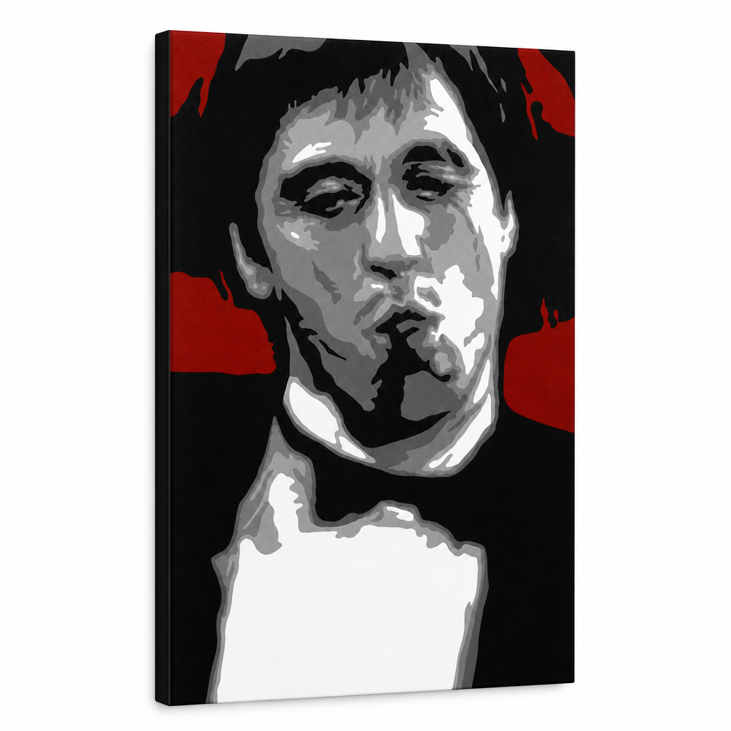 Quadro POP Art dipinto a mano AL PACINO 1 pezzo al12 – Visualizzazione 3D del quadro dipinto a mano su sfondo bianco. Colori dominanti: rosso, nero, grigio, bianco.