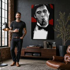 Quadro POP Art dipinto a mano AL PACINO 1 pezzo al12 – quadro in un moderno interno maschile, visualizzazione lifestyle. Colori dominanti: rosso, nero, grigio, bianco.