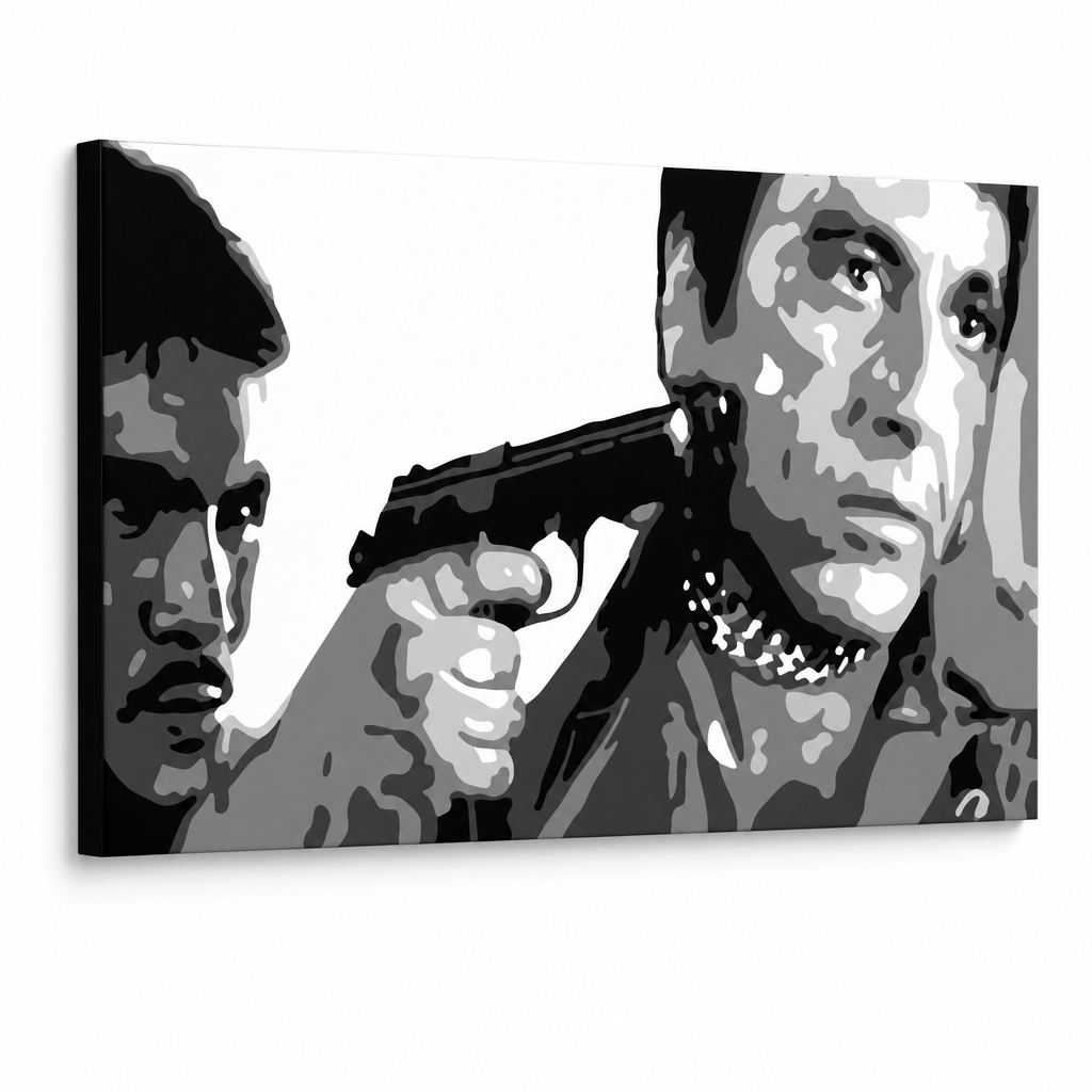 Quadro POP Art dipinto a mano AL PACINO 1 pezzo al20 – Visualizzazione 3D del quadro dipinto a mano su sfondo bianco. Colori dominanti: nero, bianco, grigio.
